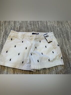 Polo by Ralph Lauren White Flat Front Shorts with Navy Pony Embroidery